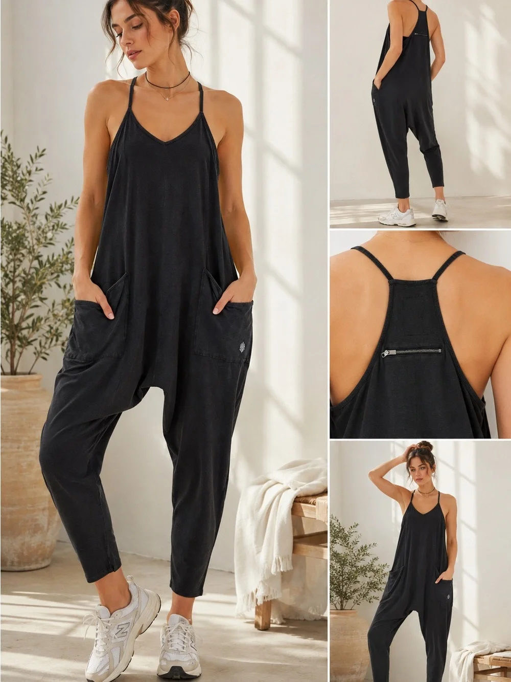 Free People Movement Jumpsuit Romper Black XS Harem Pockets Stretch NWT